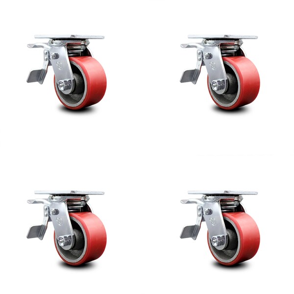 4 Inch Red Poly on Cast Iron Caster Set with Ball Bearing and Total Lock Brake